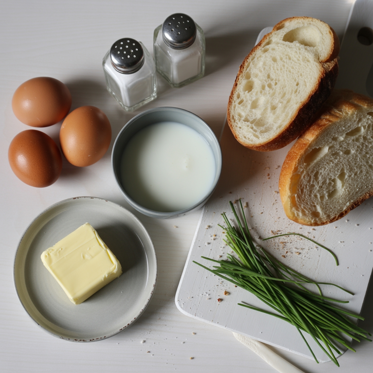 scrambled egg toast ingredients including eggs, bread, milk, and butter
