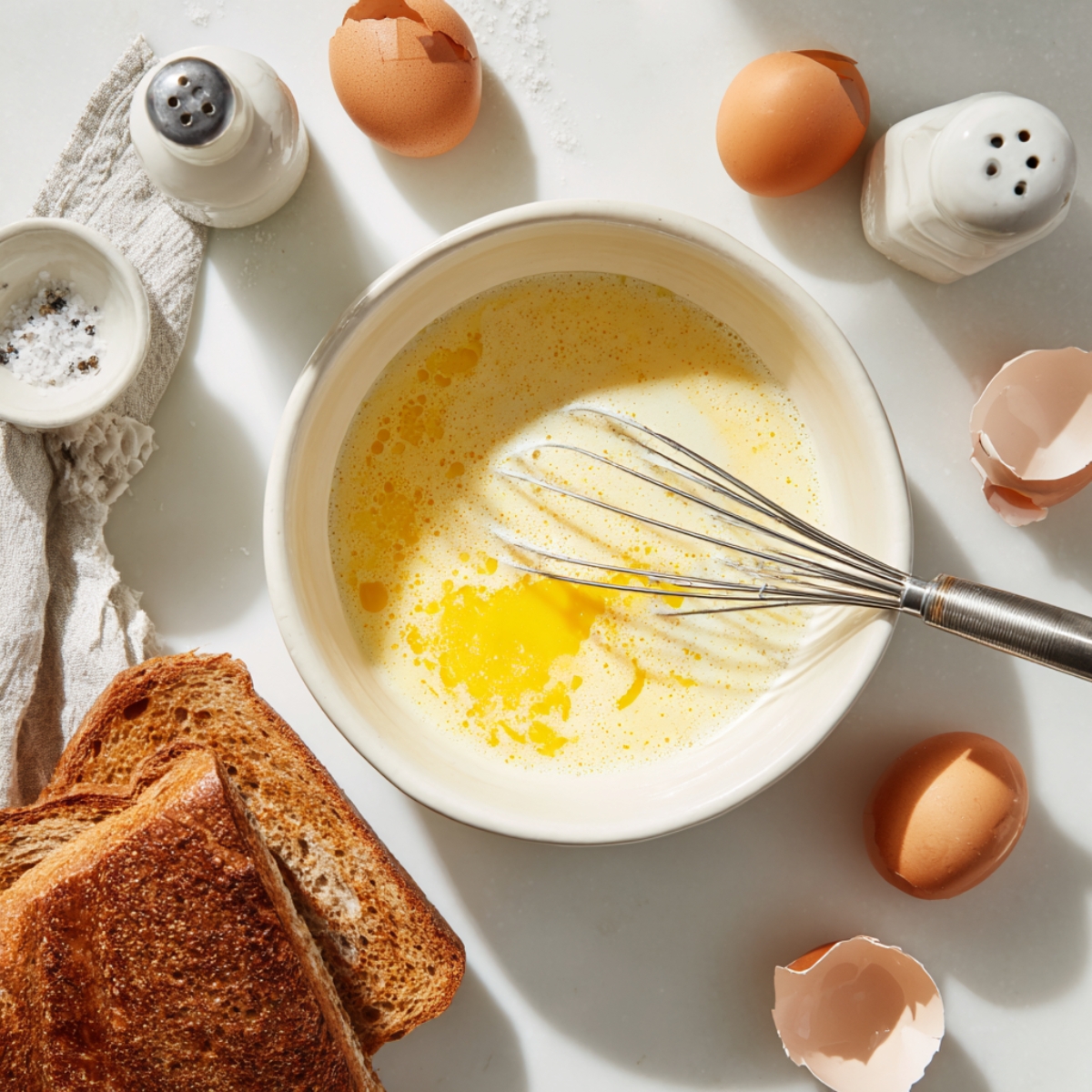 ingredients prepared for scrambled egg toast with whisked eggs and sliced bread