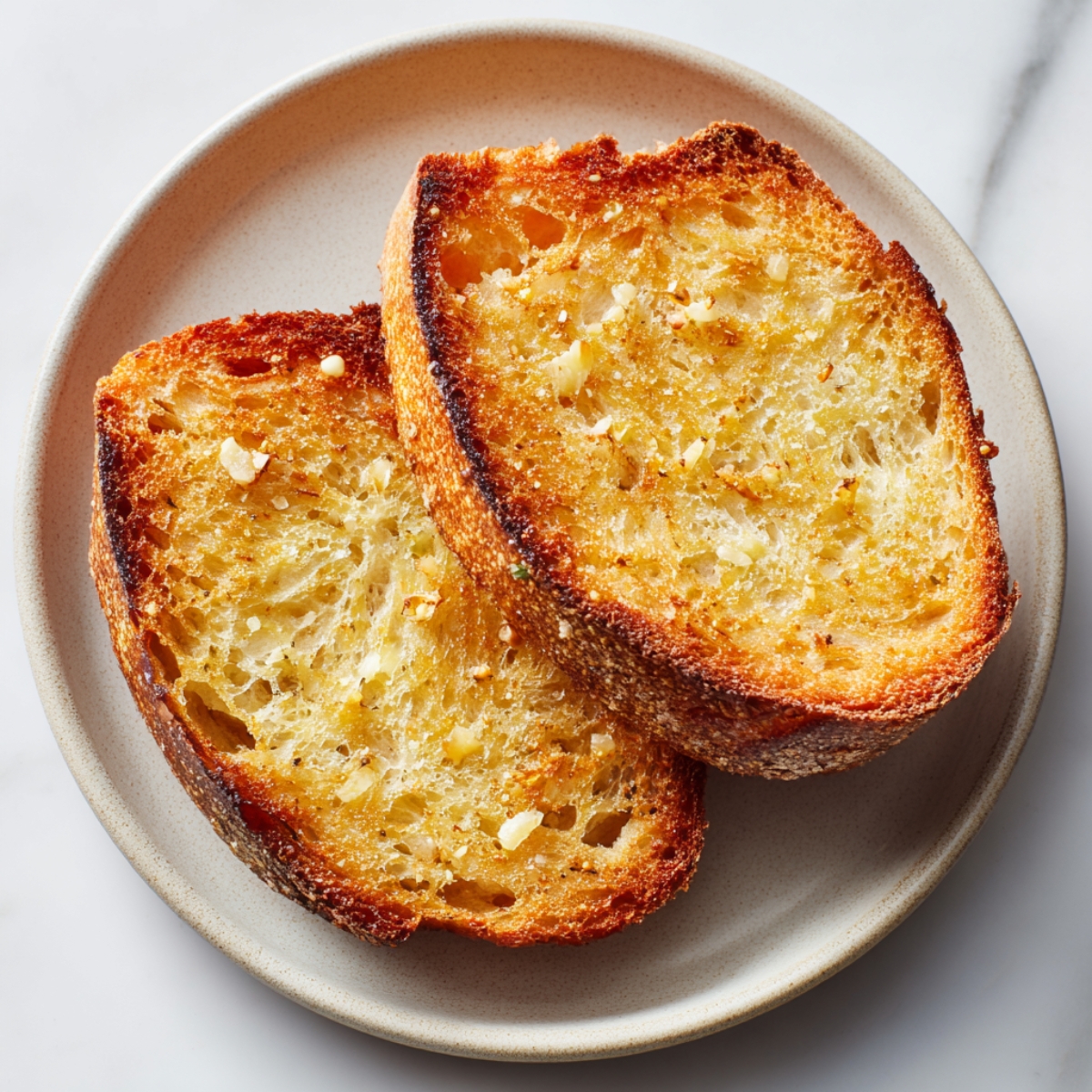 toasted bread for scrambled egg toast on white plate with butter