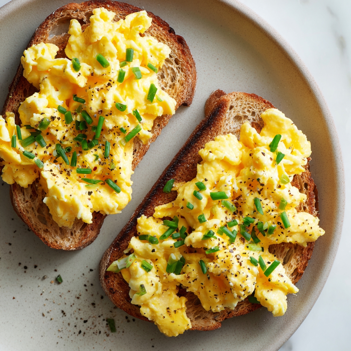 scrambled egg toast topped with fluffy eggs and chives on plate