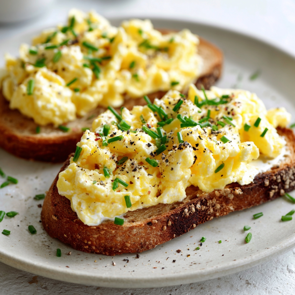 scrambled egg toast with chives on sourdough bread on white plate