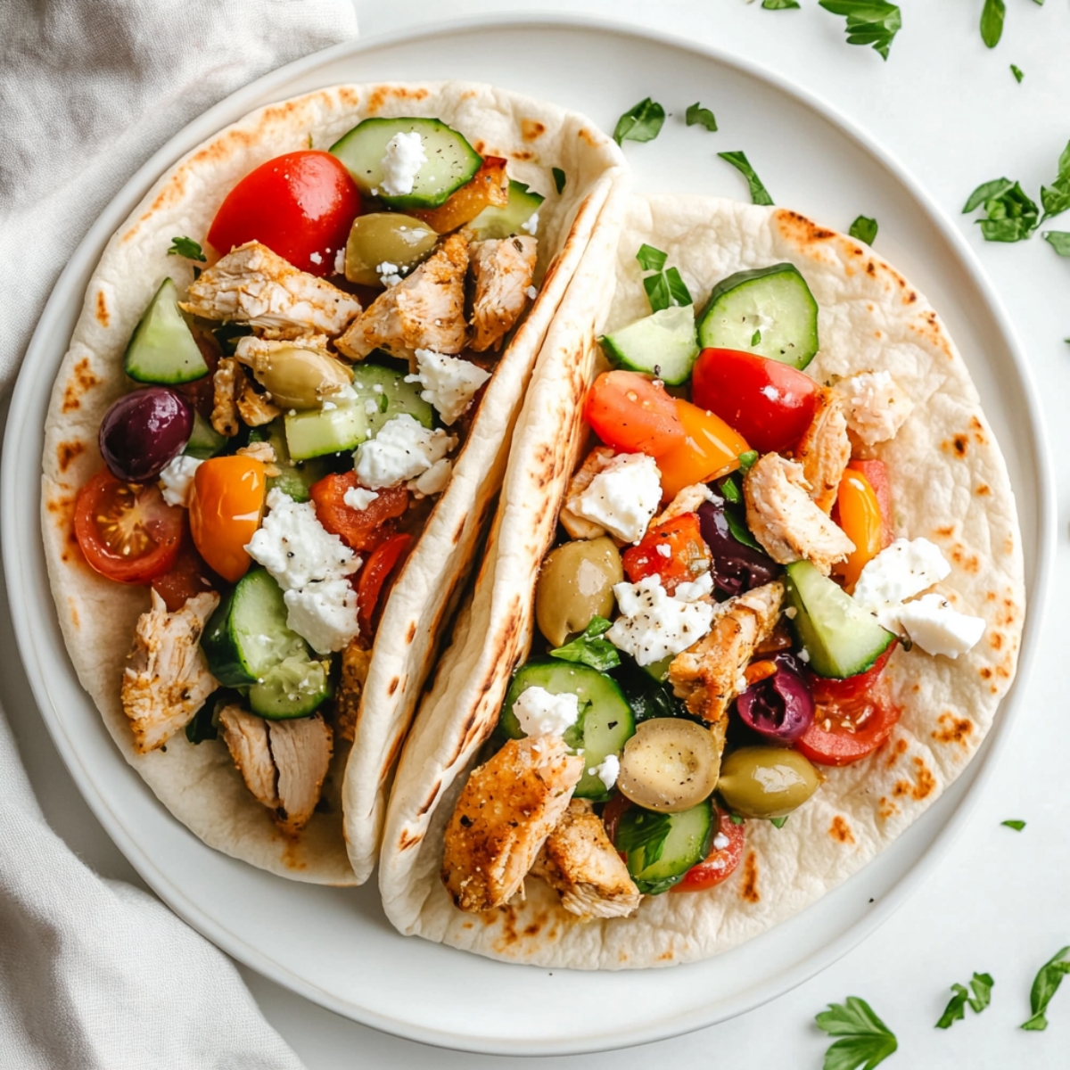 Sheet Pan Chicken Pitas with toppings served in a white plate on white counter