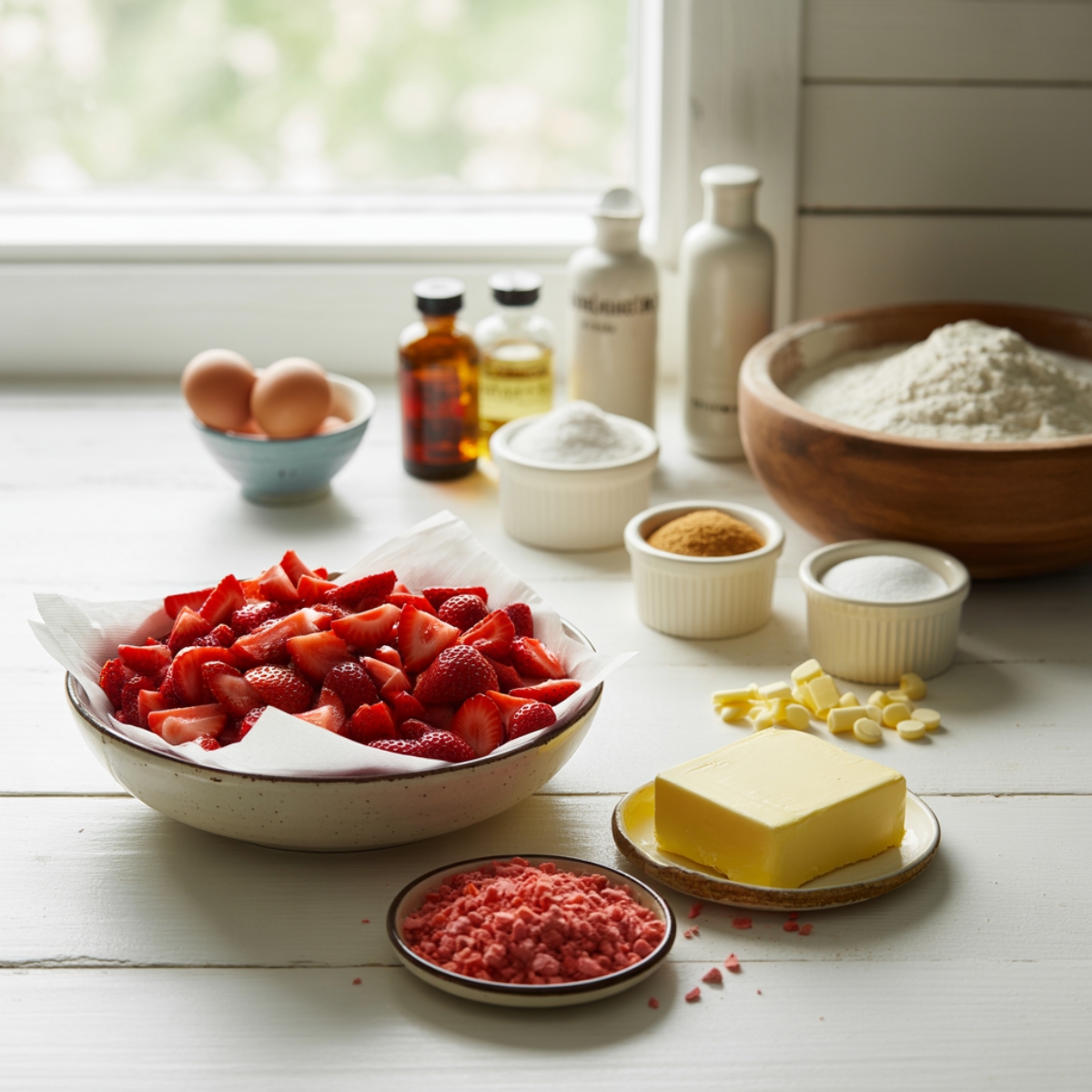 Ingredients for strawberry shortcake cookies including fresh and freeze-dried strawberries