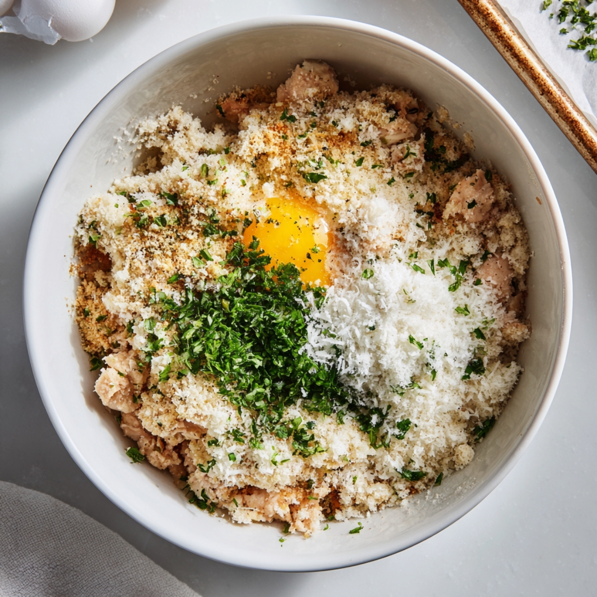 bowl with ingredients to mix Italian chicken meatballs