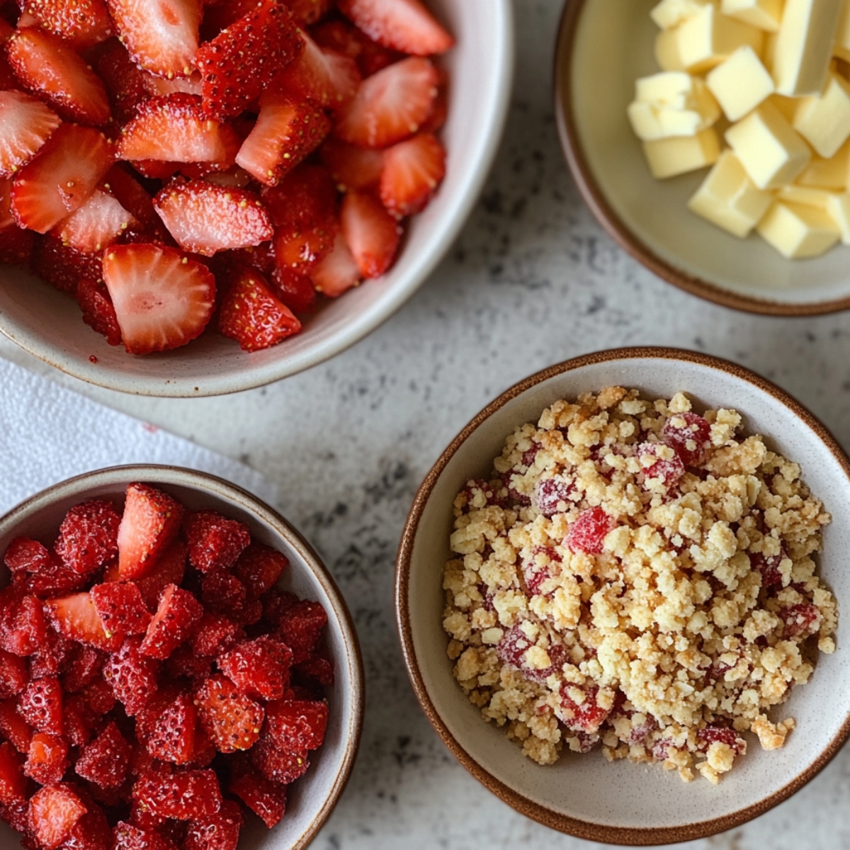 Prep for strawberry shortcake cookies with fresh berries and crumble topping