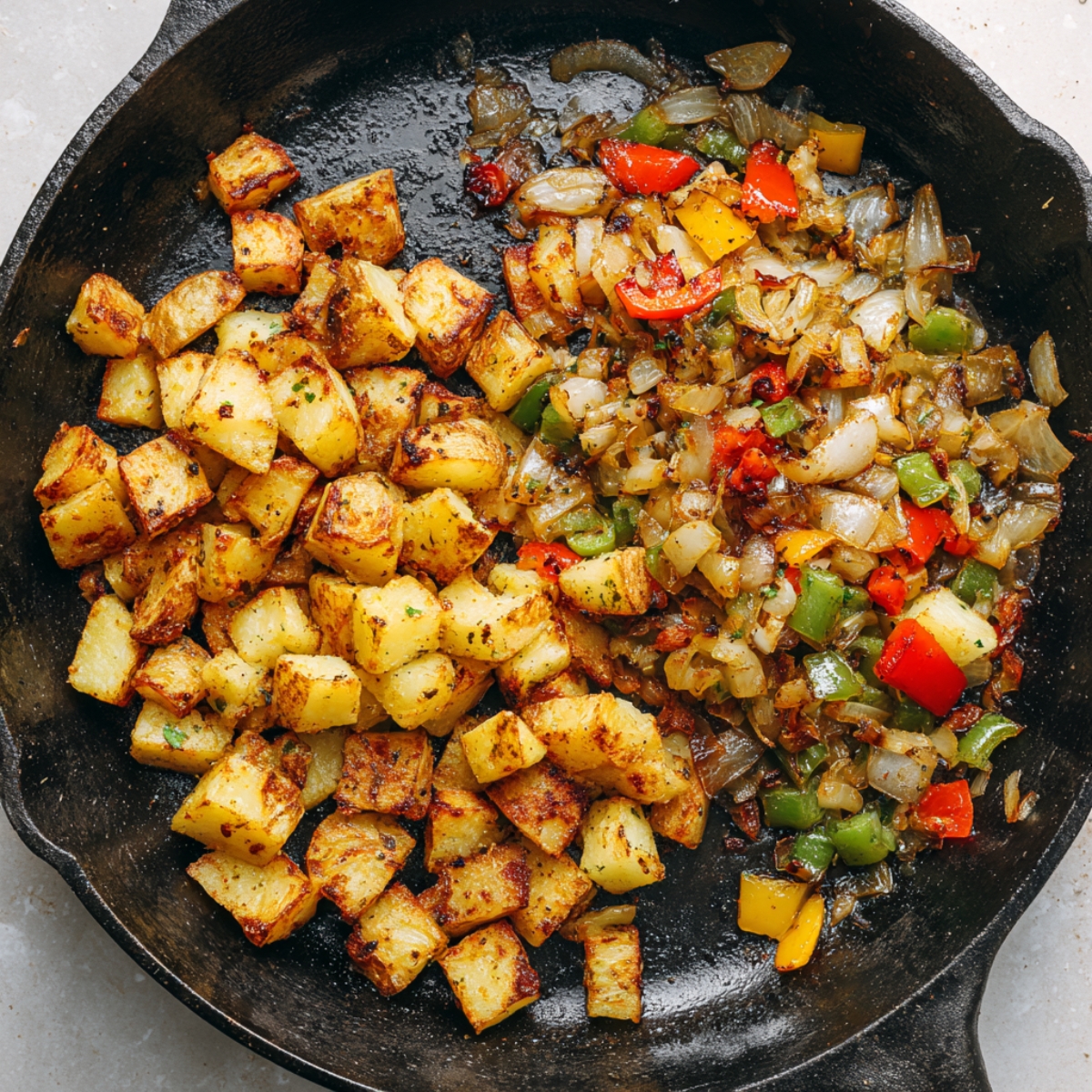 skillet with golden potatoes and sautéed vegetables
