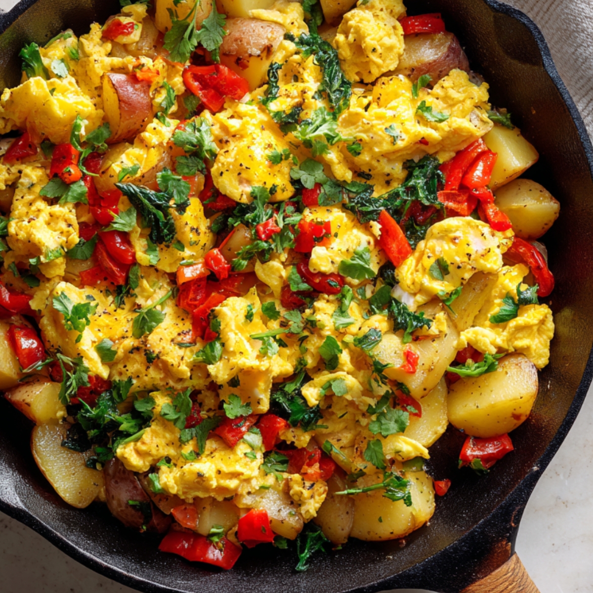 skillet with soft scrambled eggs and potatoes cooking