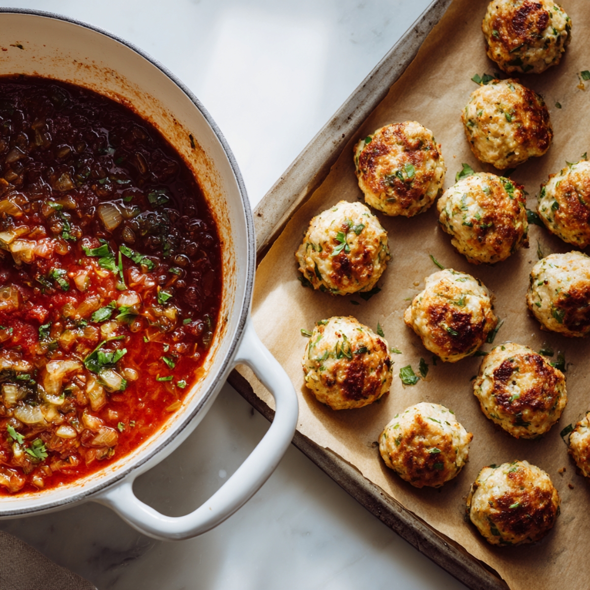 baked Italian chicken meatballs next to simmering marinara sauce