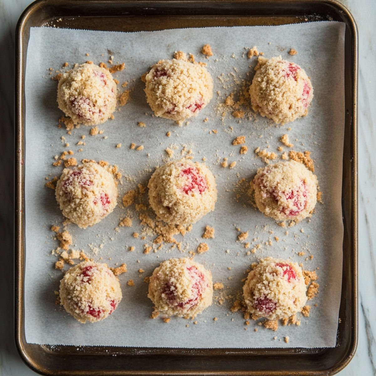 Shaping strawberry shortcake cookies with crumble and strawberries on dough