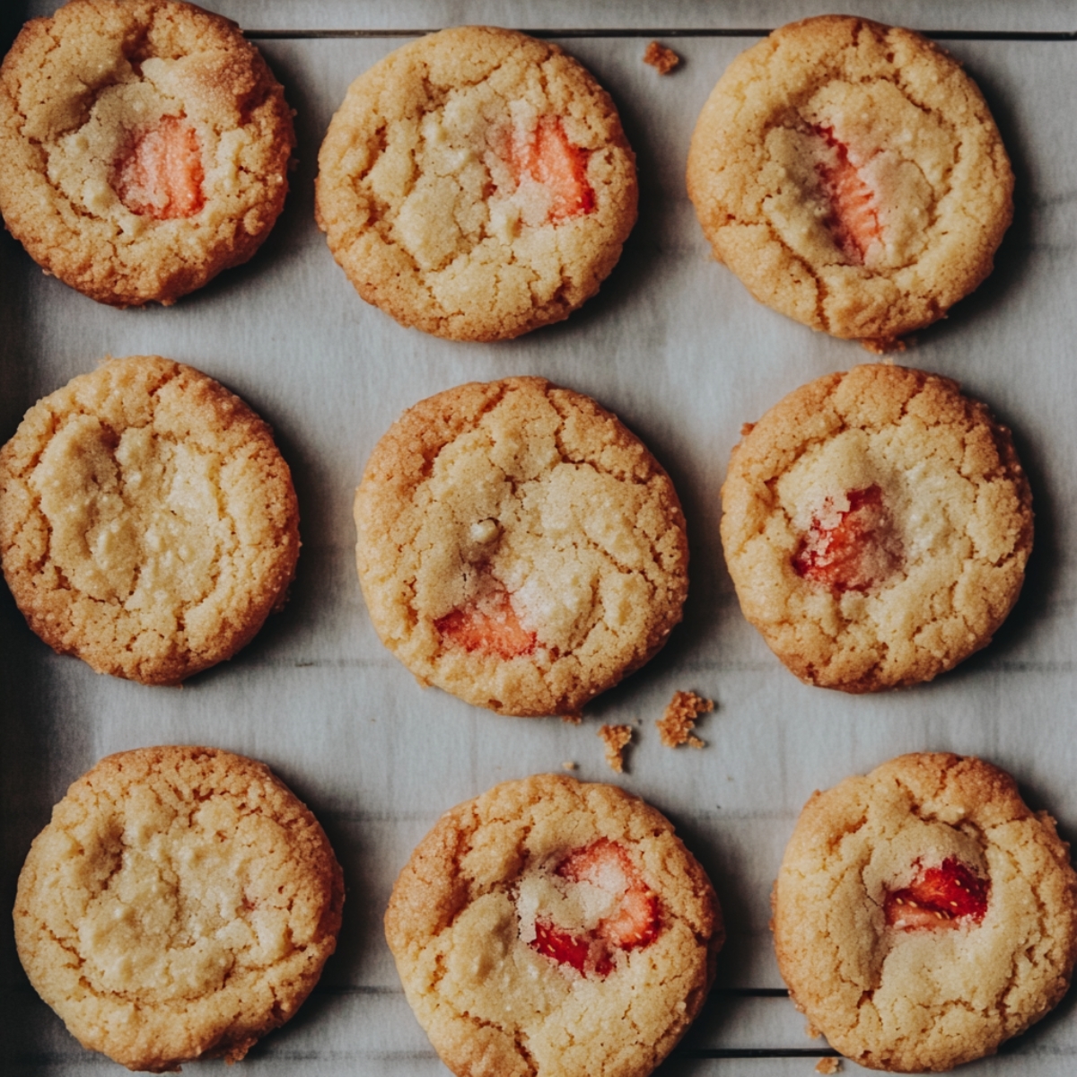 Freshly baked strawberry shortcake cookies cooling on parchment-lined tray