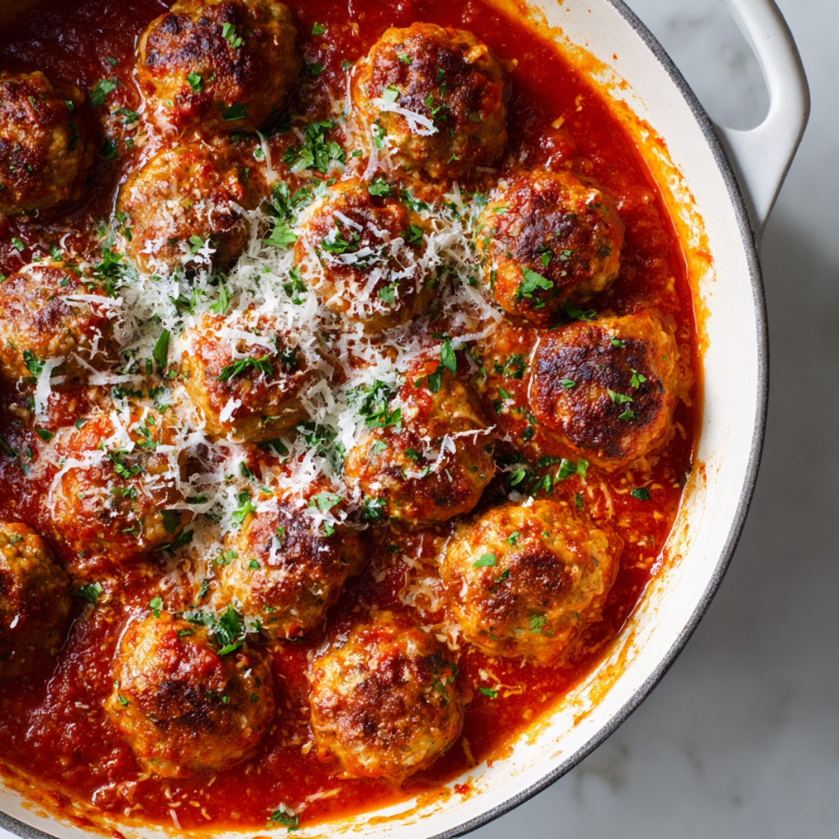 Italian chicken meatballs simmering in marinara sauce