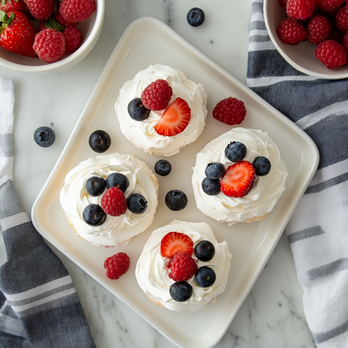 Assembled mini pavlovas topped with whipped cream and fresh berries