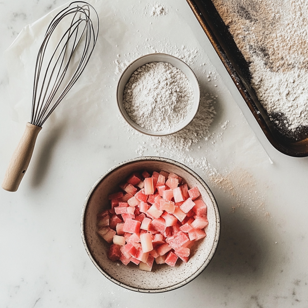 Prepping rhubarb and dry ingredients for brown sugar rhubarb cookies