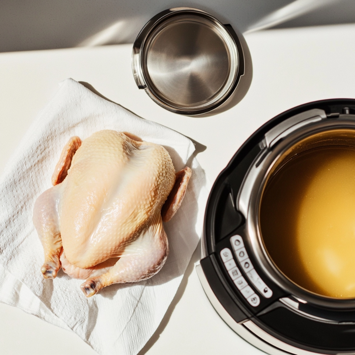 Instant Pot setup with broth and trivet for Instant Pot Frozen Whole Chicken