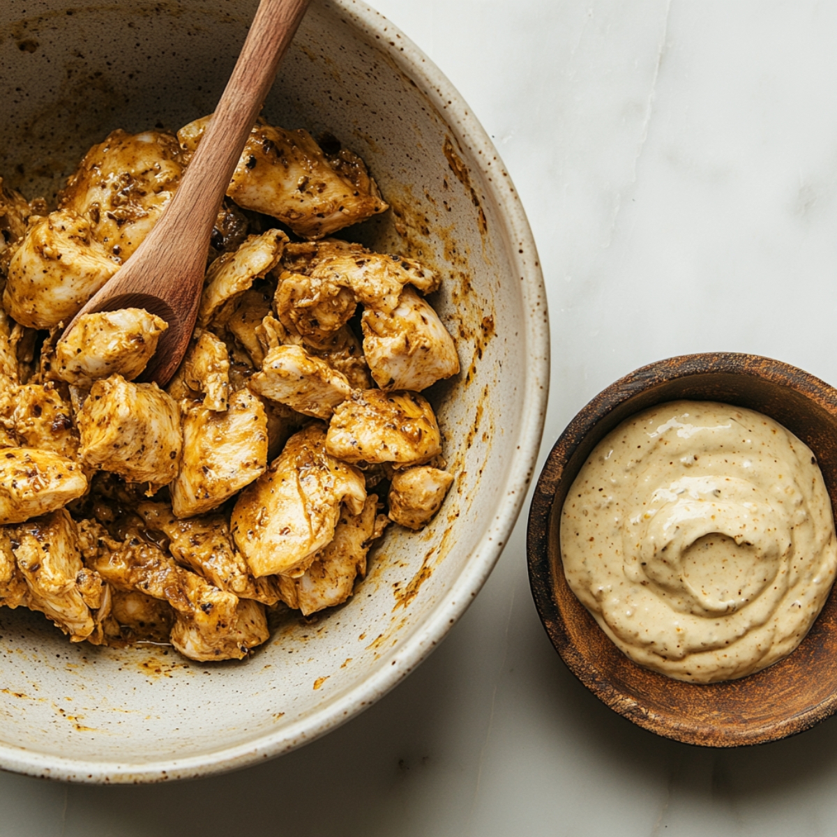 Marinade and garlic sauce prep for healthy chicken shawarma bowl