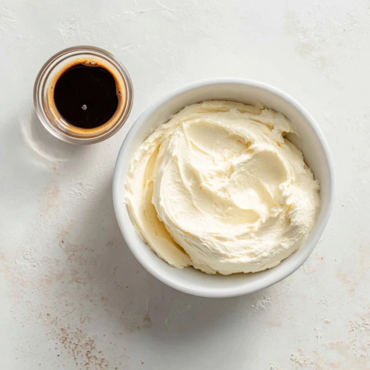 top view of mascarpone cream and coffee in white bowl