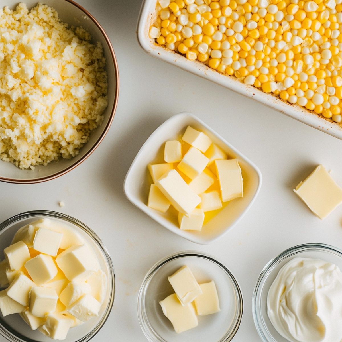 Ingredients and baking dish prepped for Mexican street corn casserole