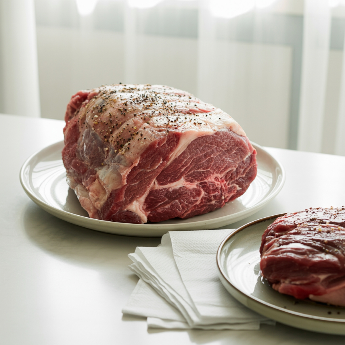 Seared chuck roast on a white counter with seasoning