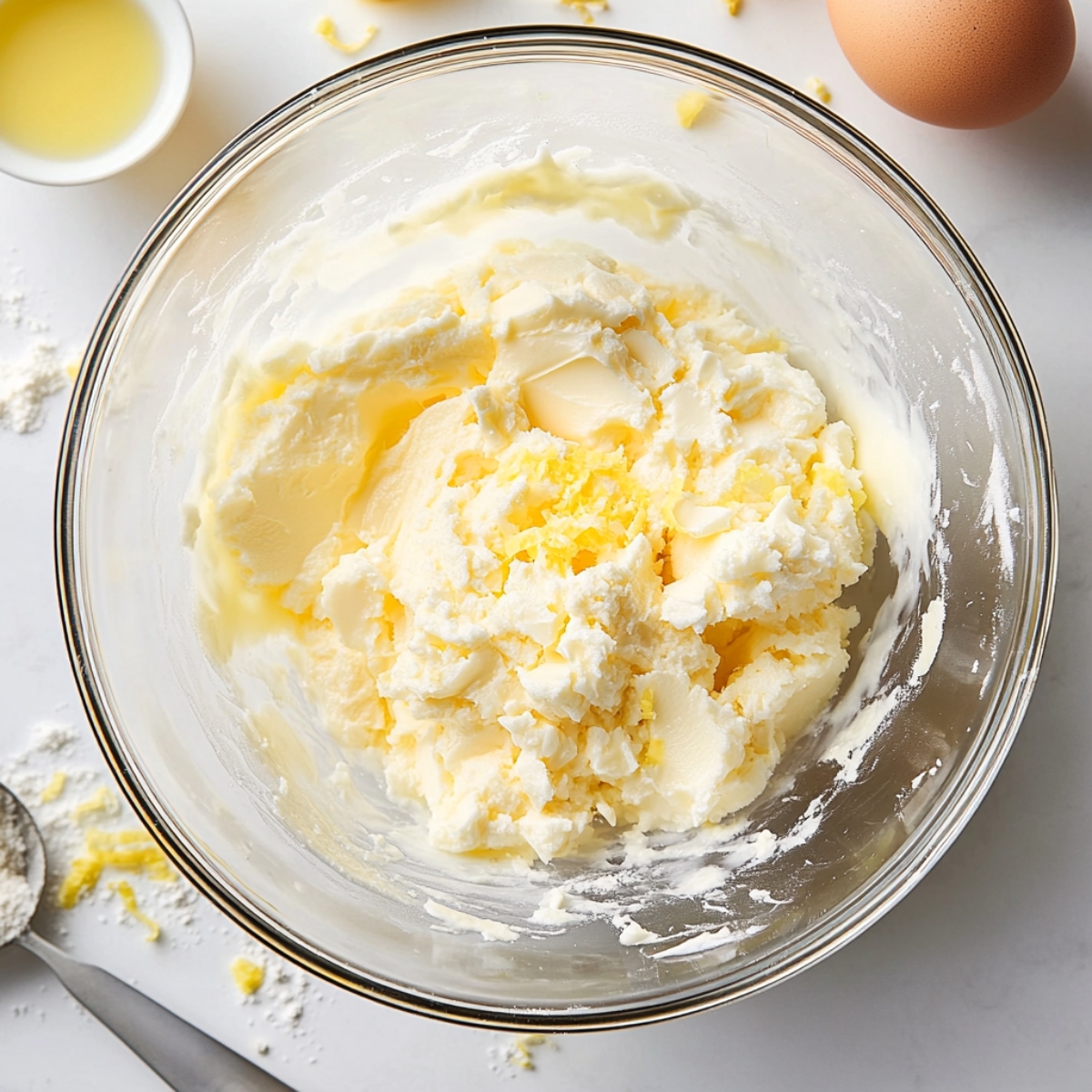 Mixing wet ingredients for lemon sugar cookie recipe in glass bowl on white counter.