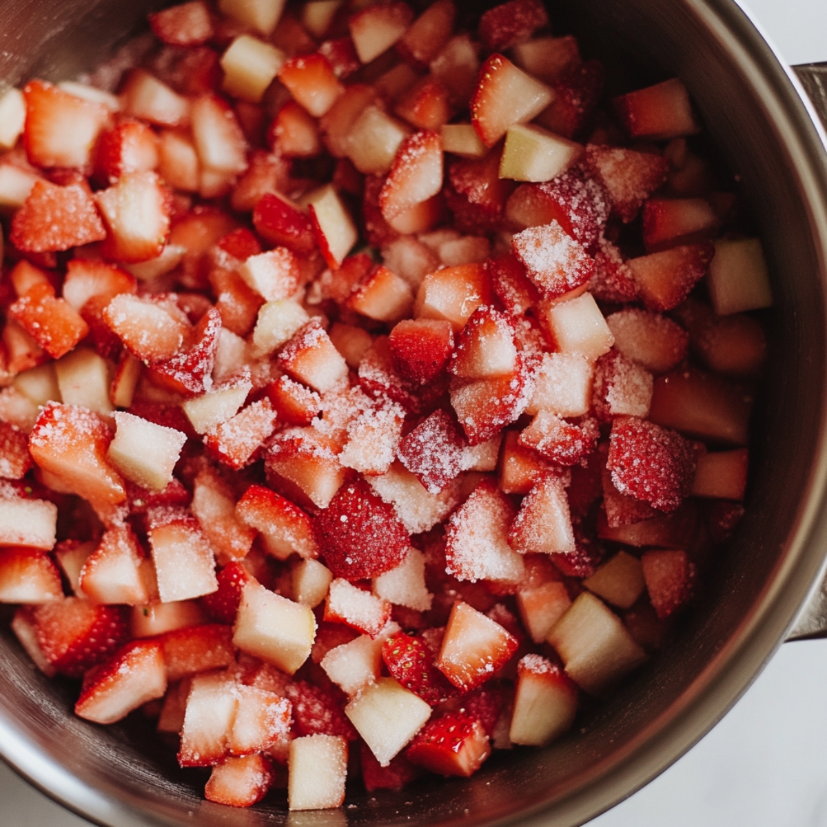 Chopped fruit and sugar in pot for strawberry rhubarb jam recipe
