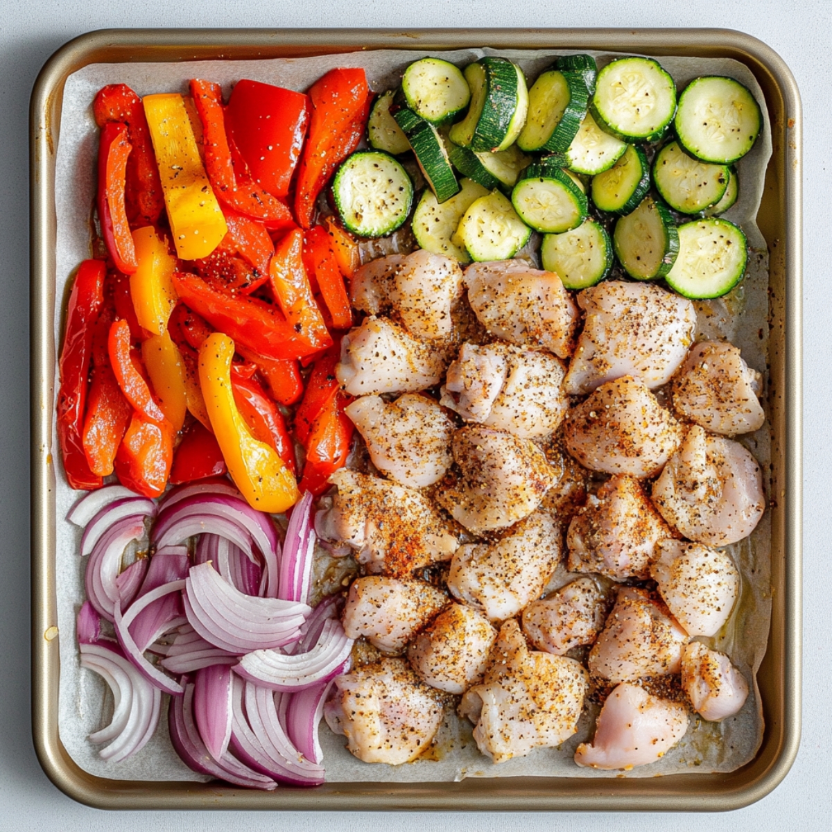 ingredients prepped and seasoned for Sheet Pan Chicken Pitas on white counter
