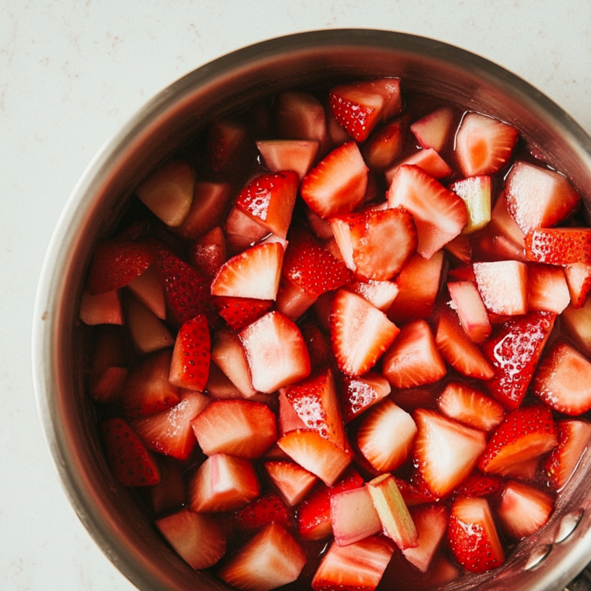 Chopped strawberries and rhubarb coated with sugar for strawberry rhubarb sauce.