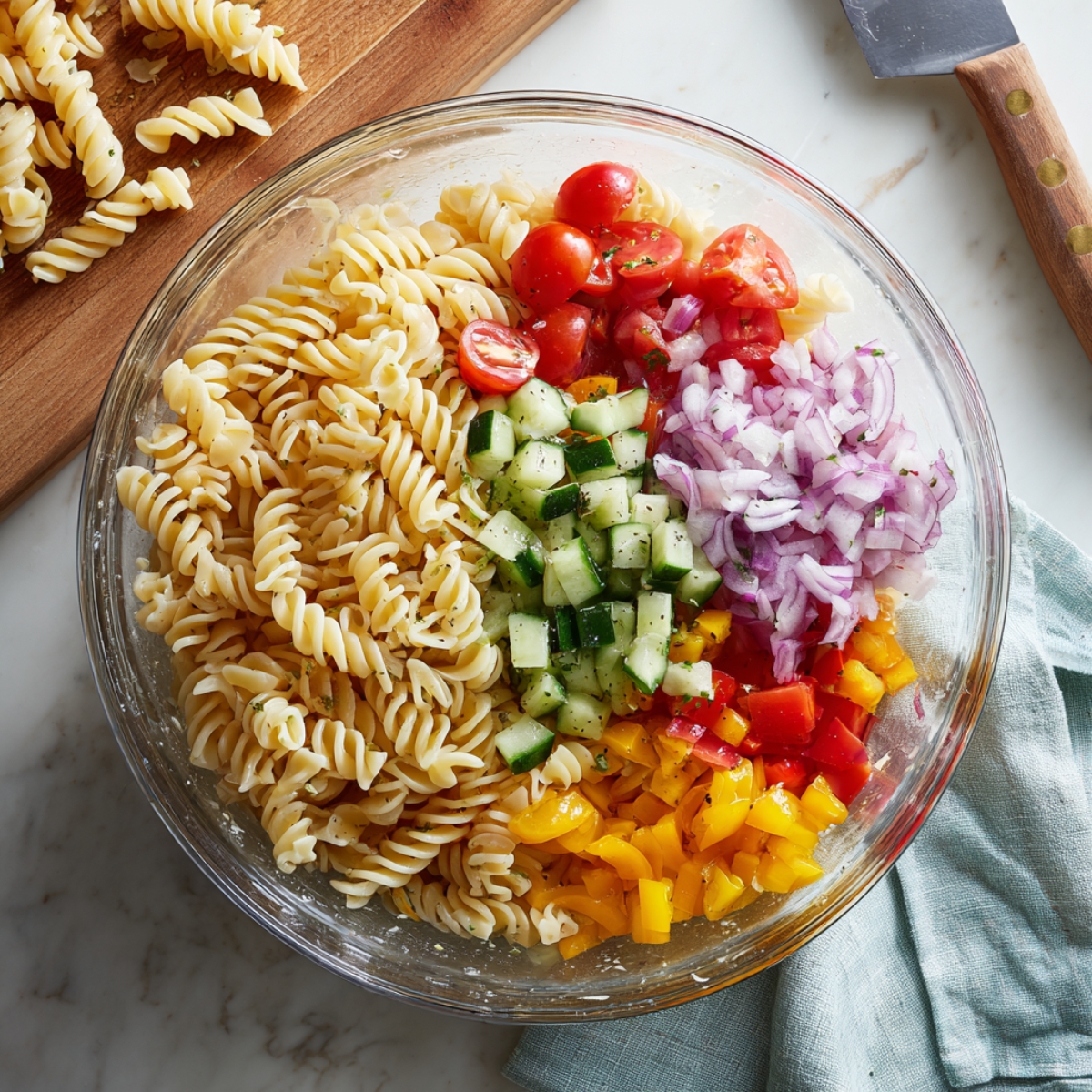 Chopped vegetables and cooked pasta for vegetable pasta salad