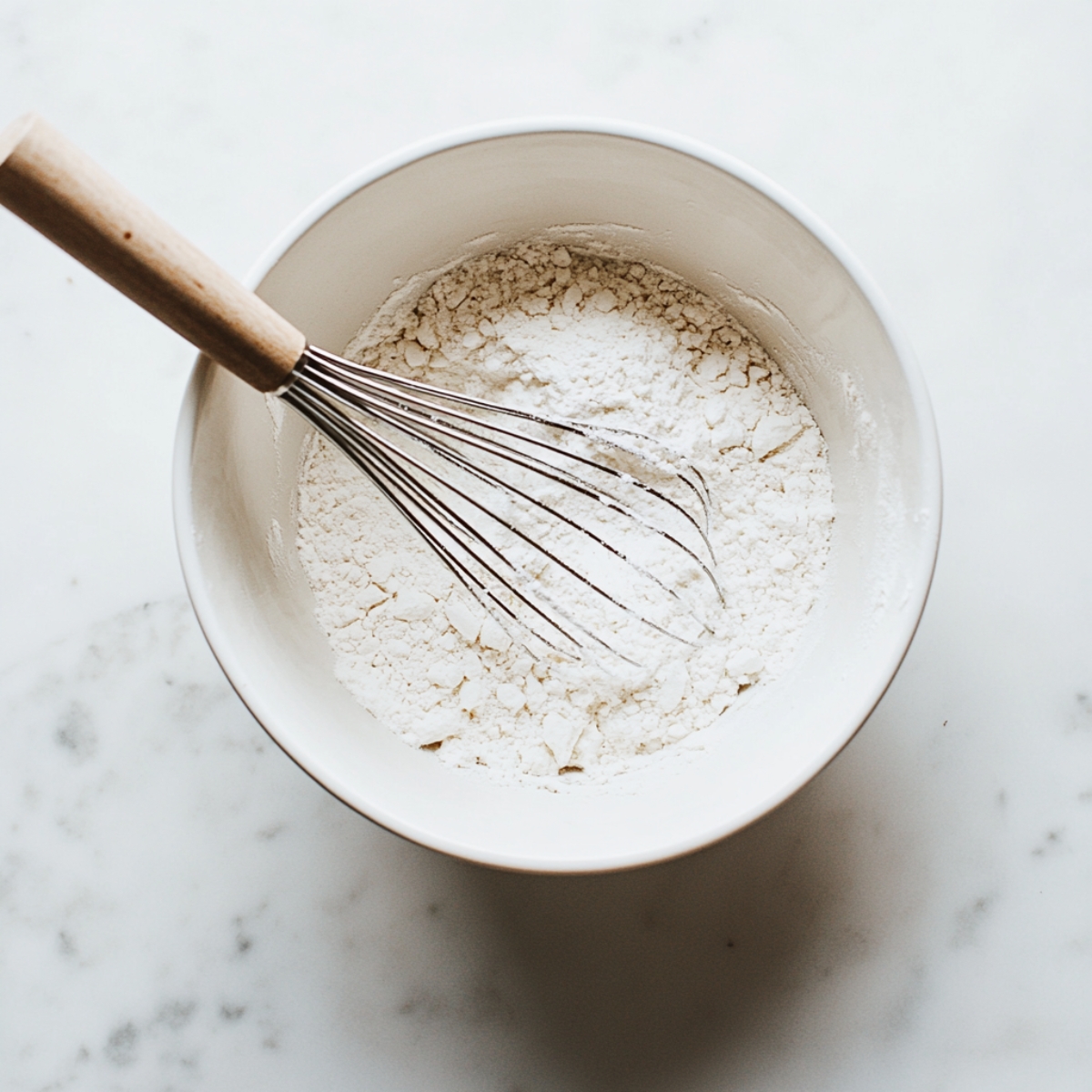 Dry ingredients whisked together in preparation for sugar cookie dough.