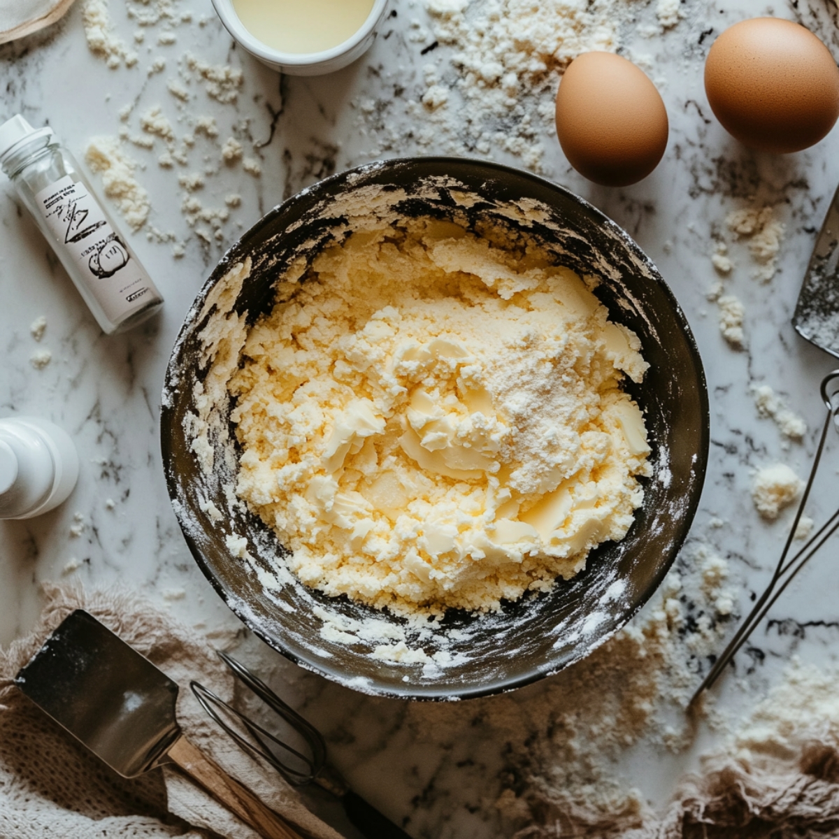 Creamed butter and brown sugar mixture for brown sugar rhubarb cookies