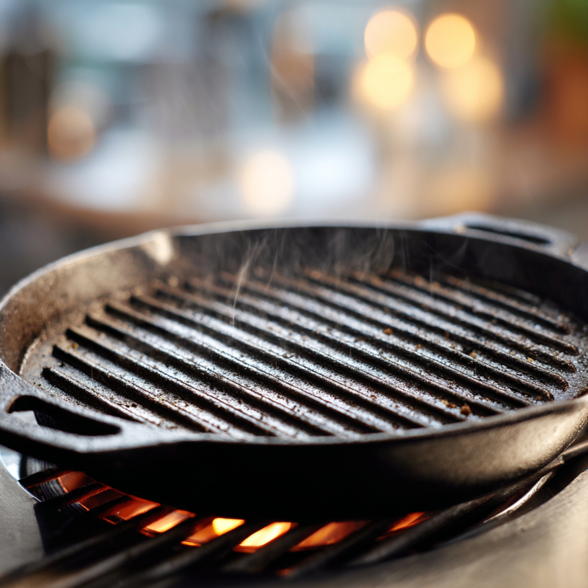 Close-up of preheated grill or skillet for chimichurri flank steak