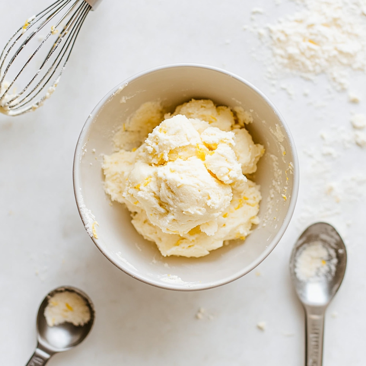 Soft lemon sugar cookie recipe dough with lemon zest in bowl on white kitchen counter.