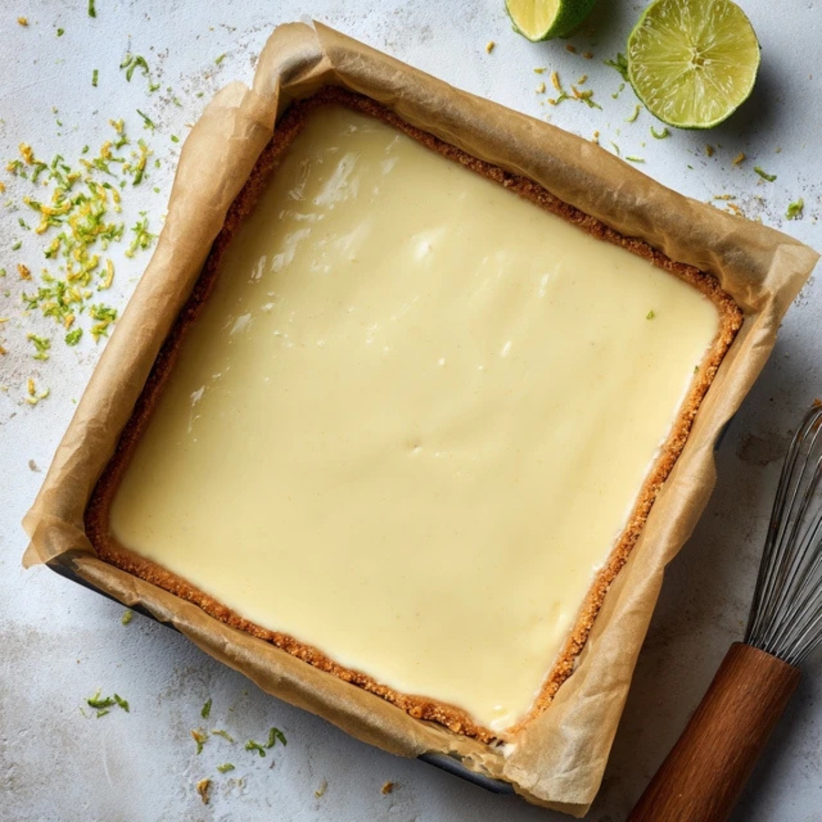 Bowl of key lime filling on white kitchen counter