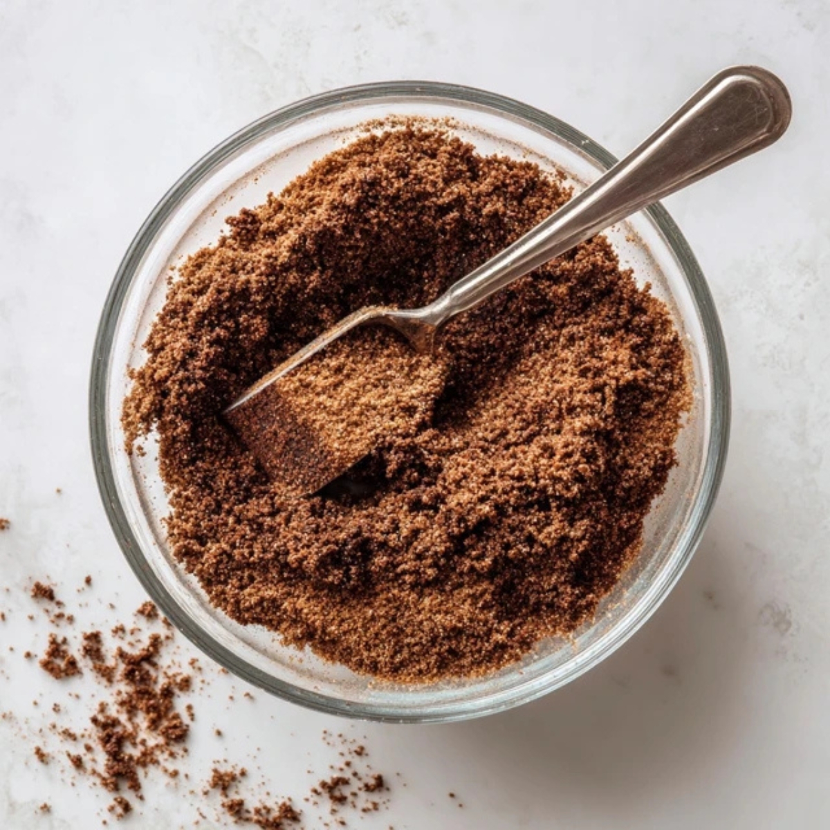 crushed ladyfingers and cocoa in a mixing bowl top view