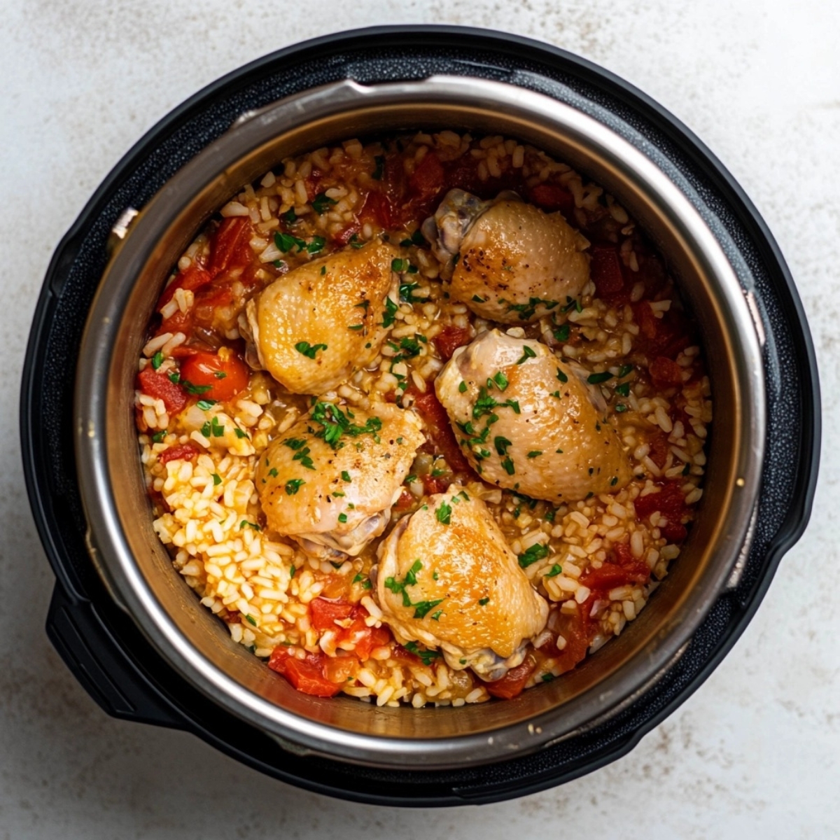 Rice, tomatoes, and lemon in Instant Pot before pressure cooking