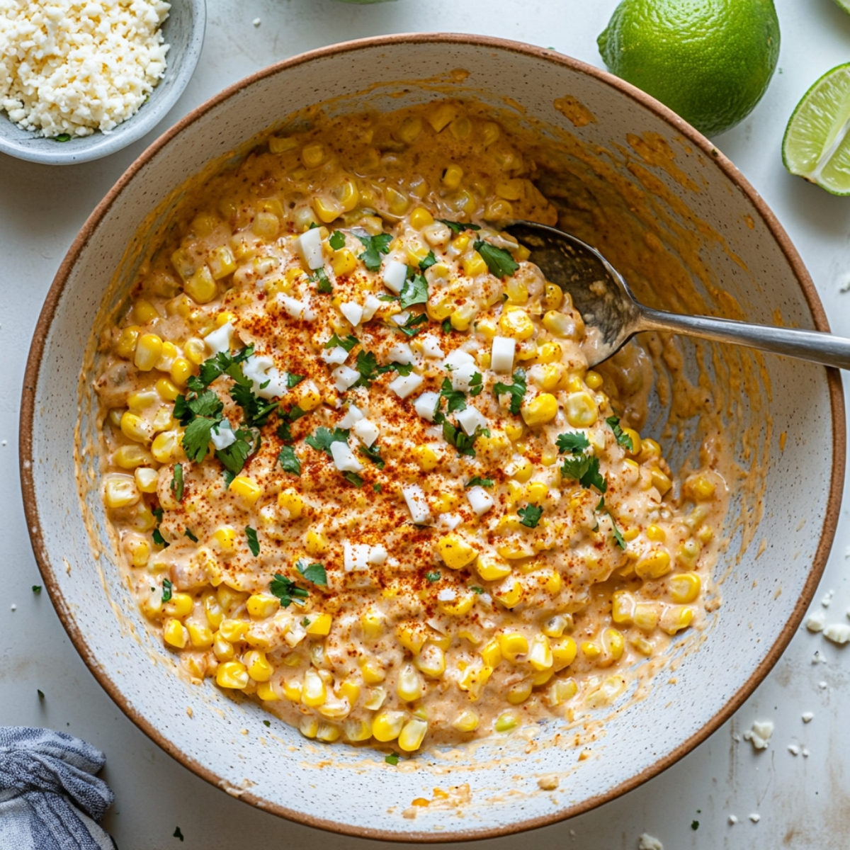 Corn coated in creamy seasoned sauce for Mexican street corn casserole