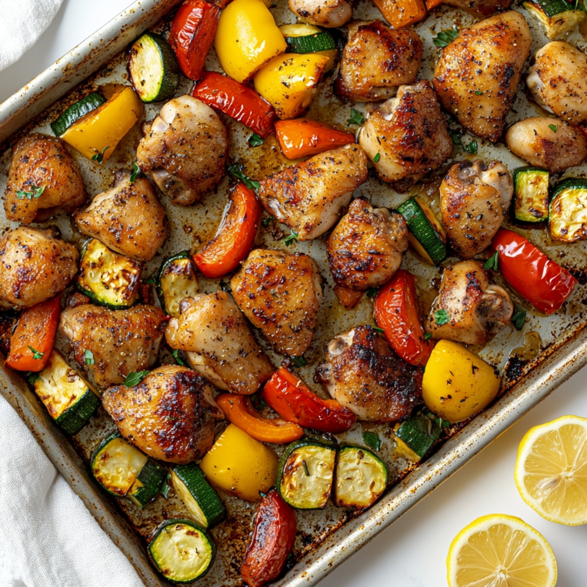 roasted chicken and vegetables for Sheet Pan Chicken Pitas fresh from oven