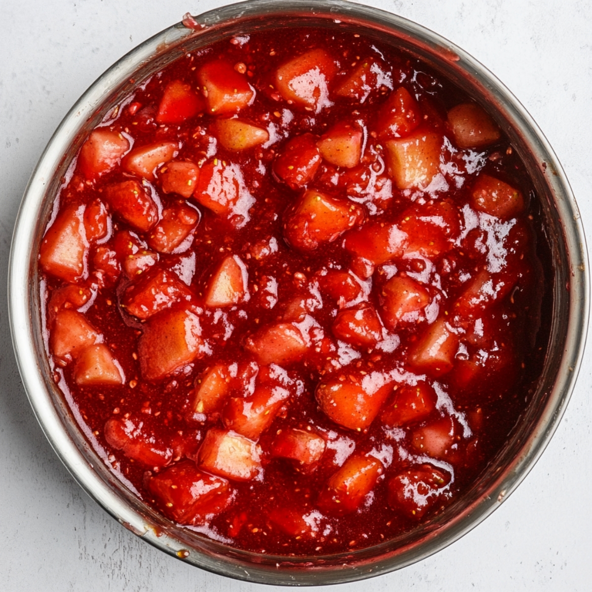 Strawberry rhubarb sauce simmering with chunky fruit texture.