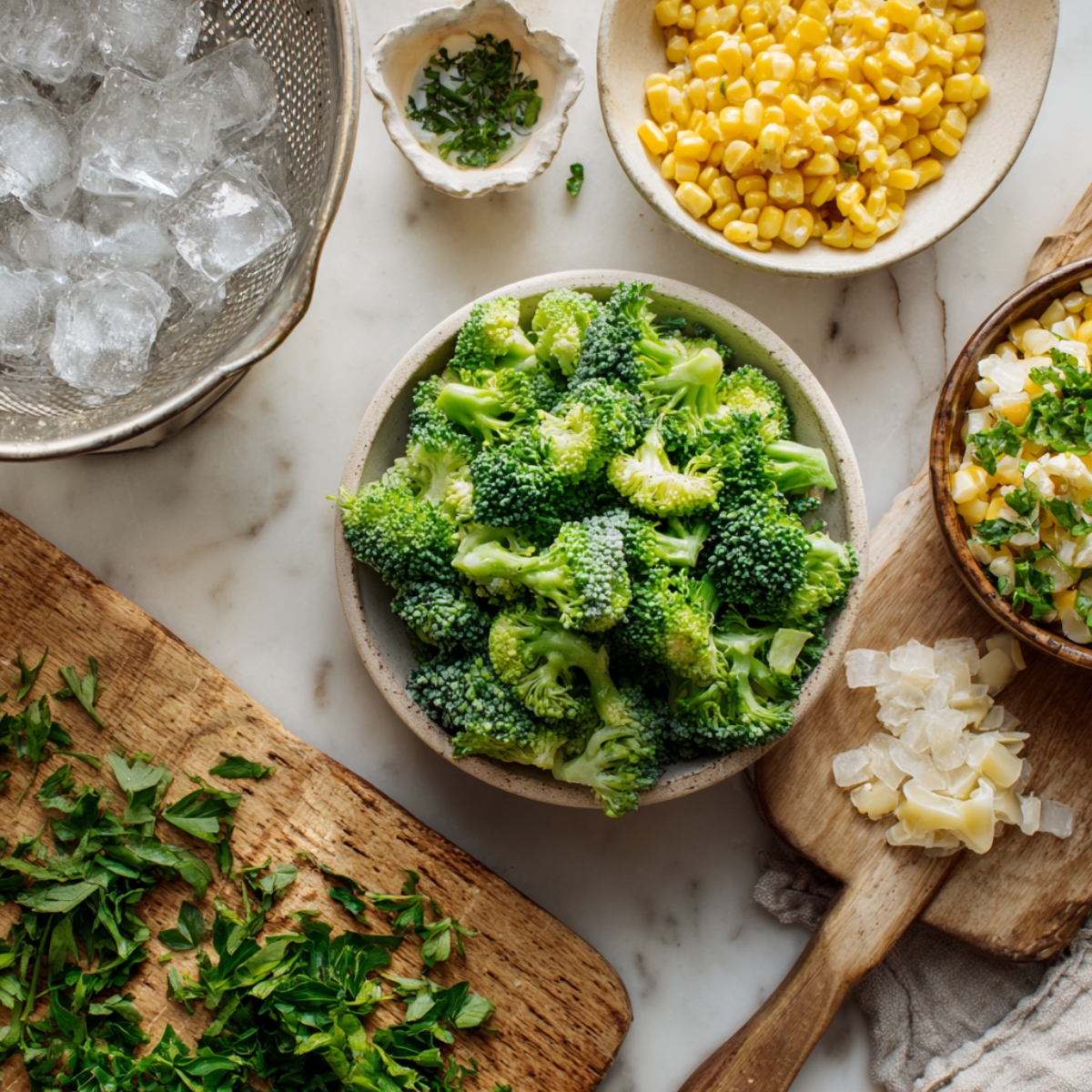 Broccoli, corn, and fresh herbs for vegetable pasta salad prep