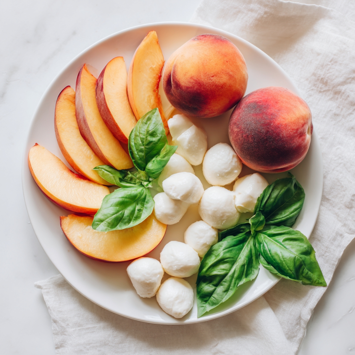 Prepped peaches, basil, and mozzarella for Peach Caprese Skewers