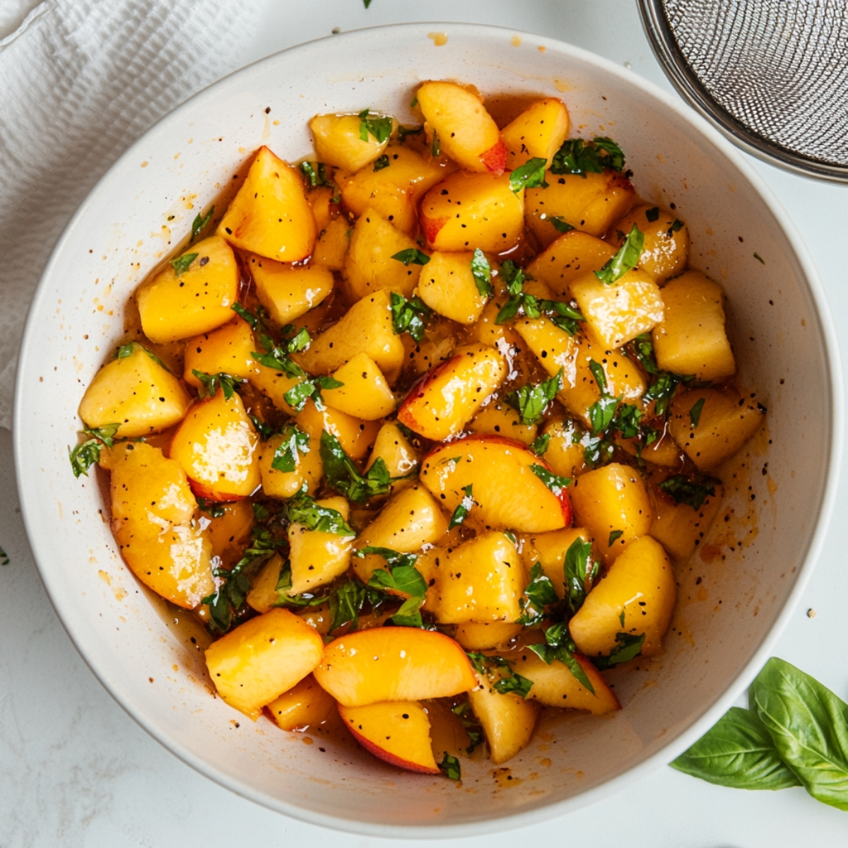 diced peach mixture with honey and basil for Peach Bruschetta