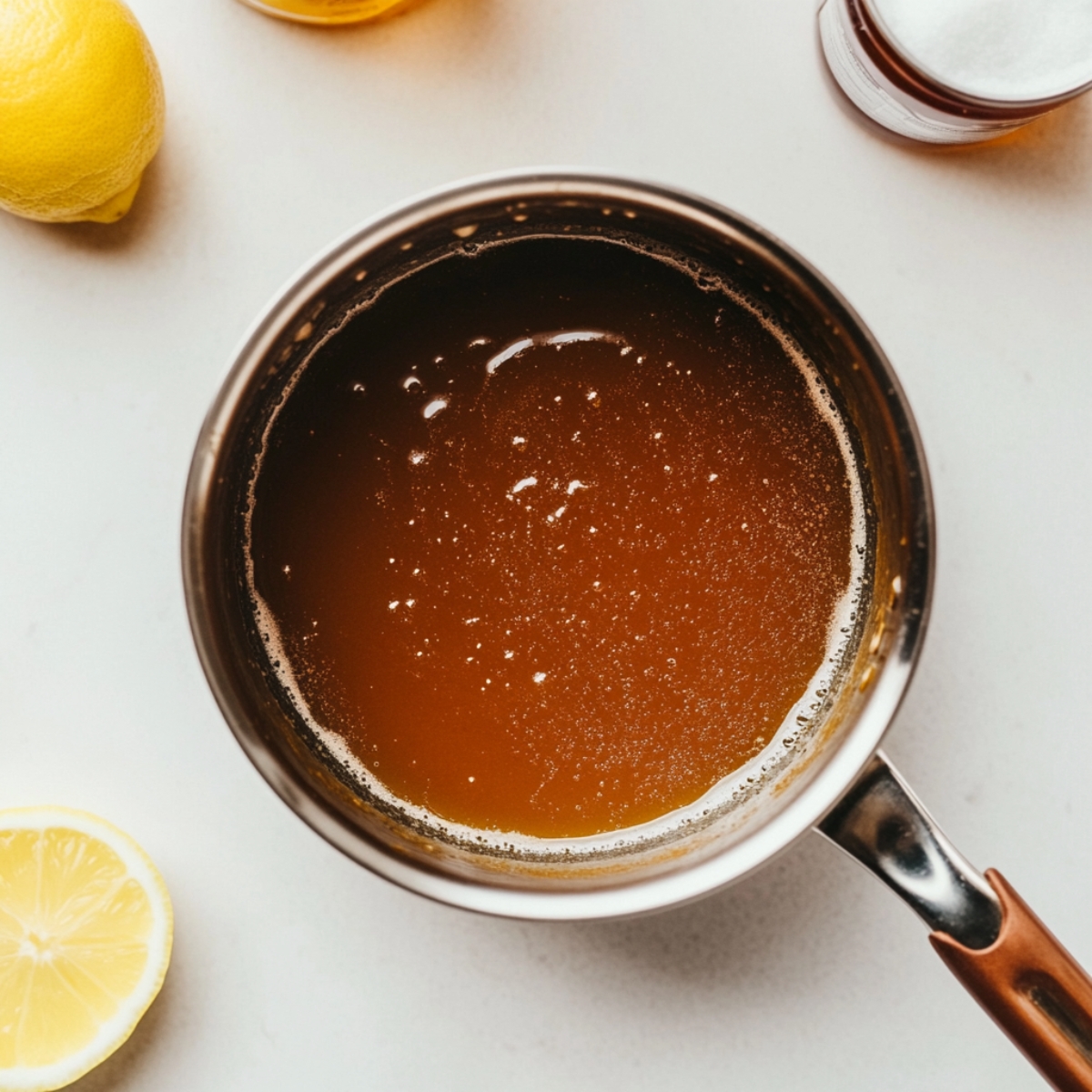 Lemon, vanilla, and thickener added to strawberry rhubarb sauce.