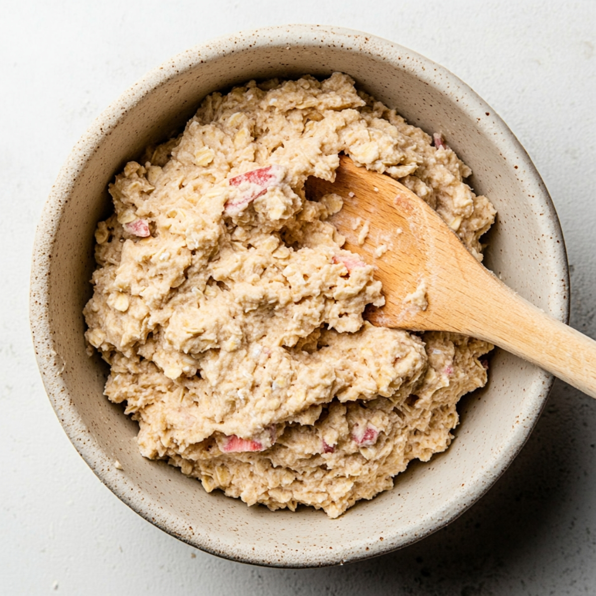 Cookie dough mixed with rhubarb and oats for brown sugar rhubarb cookies