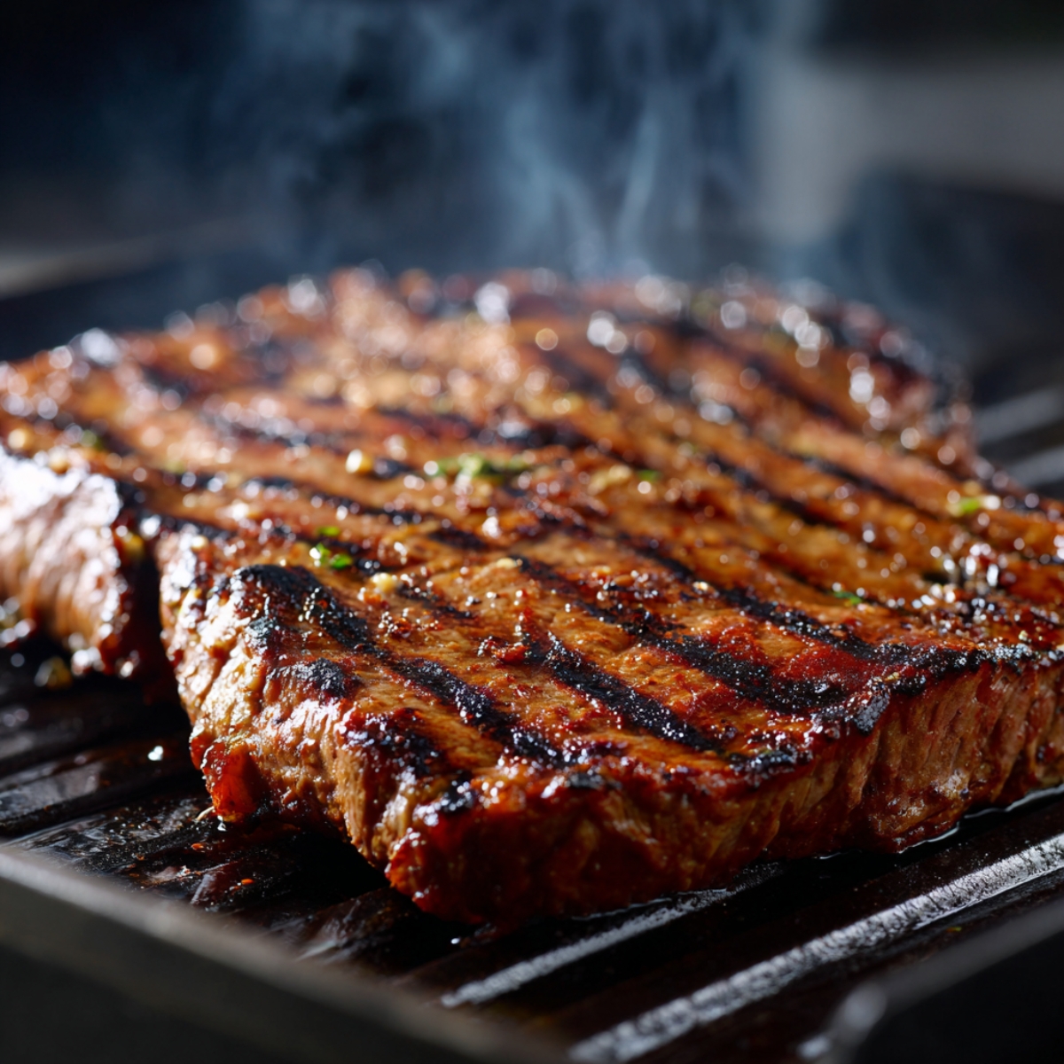 Close-up of cooked chimichurri flank steak with char marks