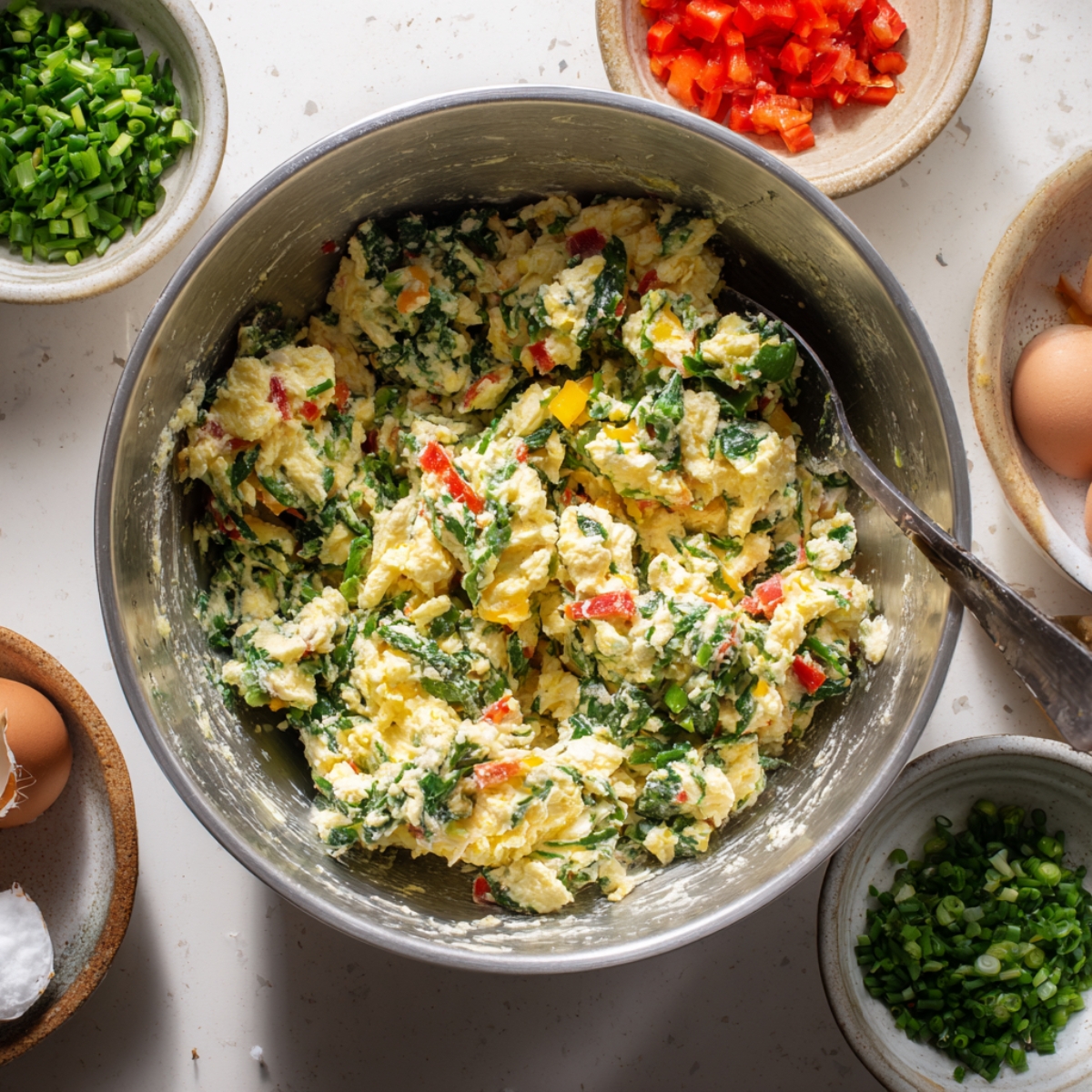  Egg and cottage cheese mixture with fresh vegetables folded in