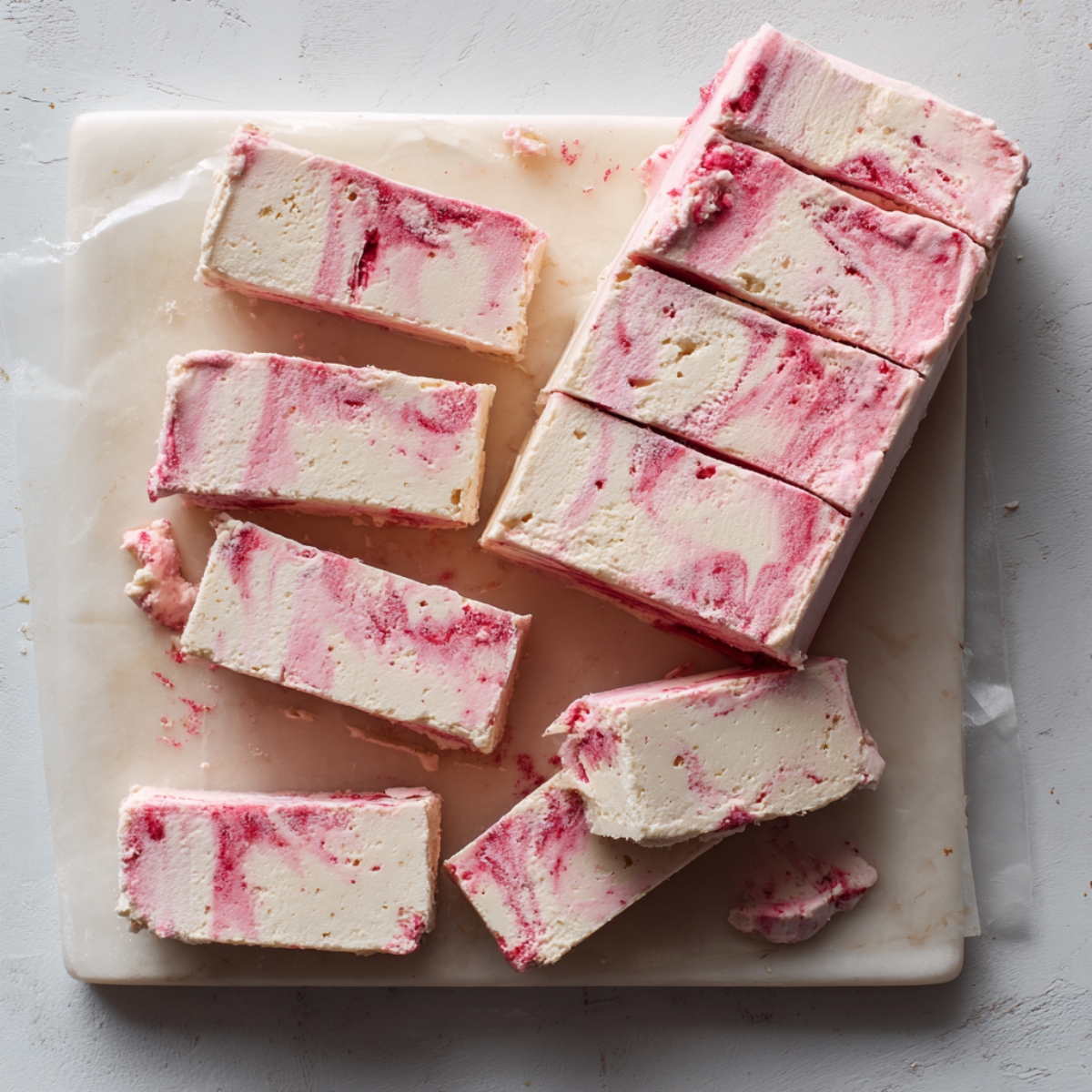 Partially sliced homemade strawberry shortcake ice cream bar slab