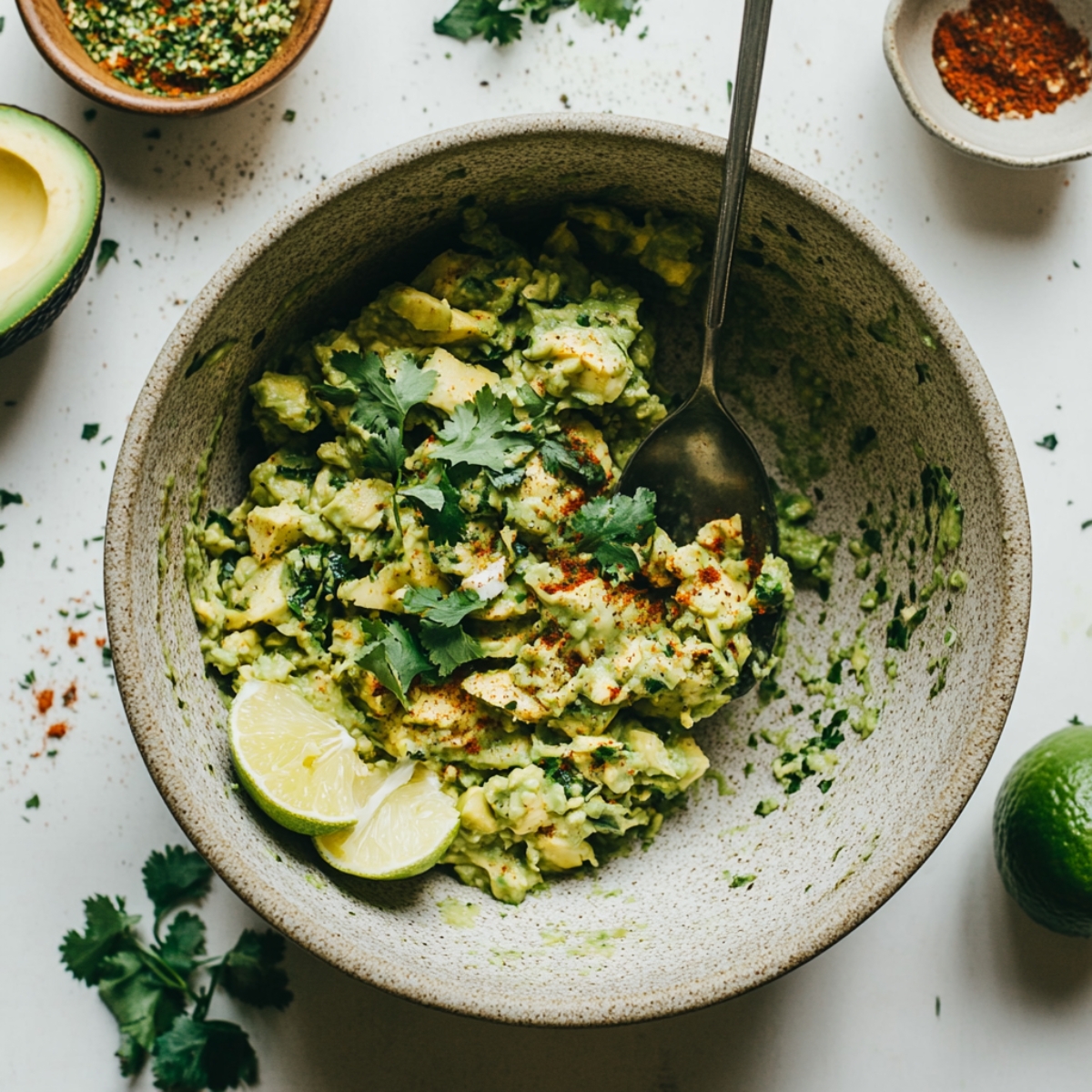 avocado yolk filling for Mexican deviled eggs in mixing bowl