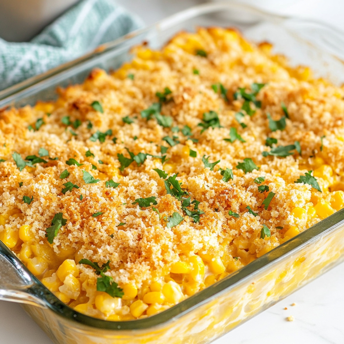 Mexican street corn casserole ready to bake with cheese and crumb topping
