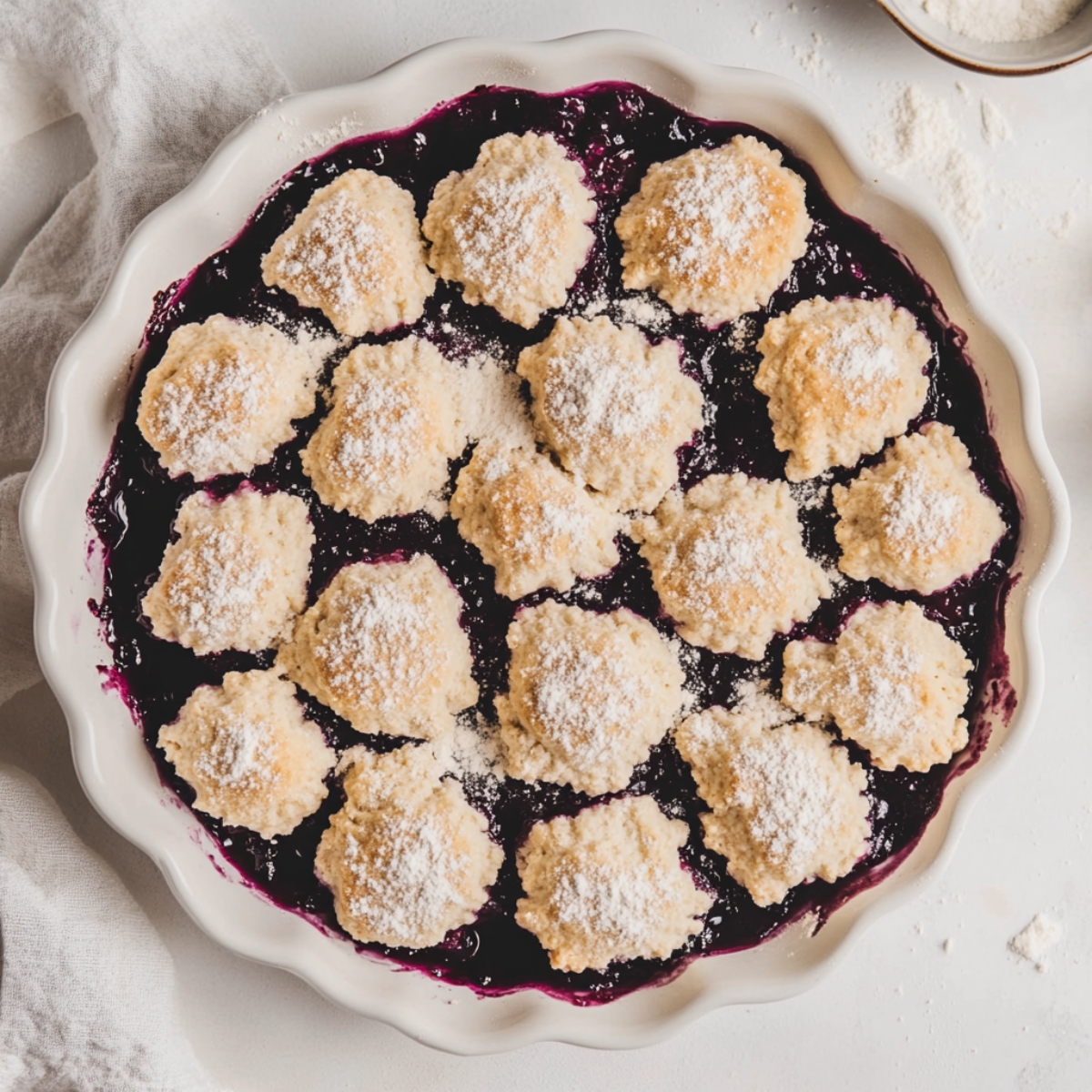 unbaked mulberry cobbler with biscuit topping in round dish