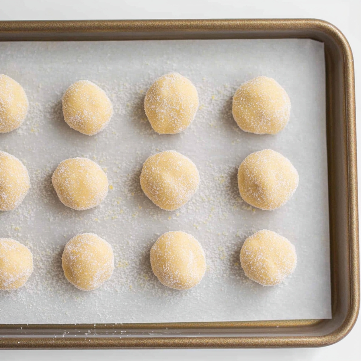 Rolled lemon sugar cookie recipe dough balls coated in sugar on baking tray.