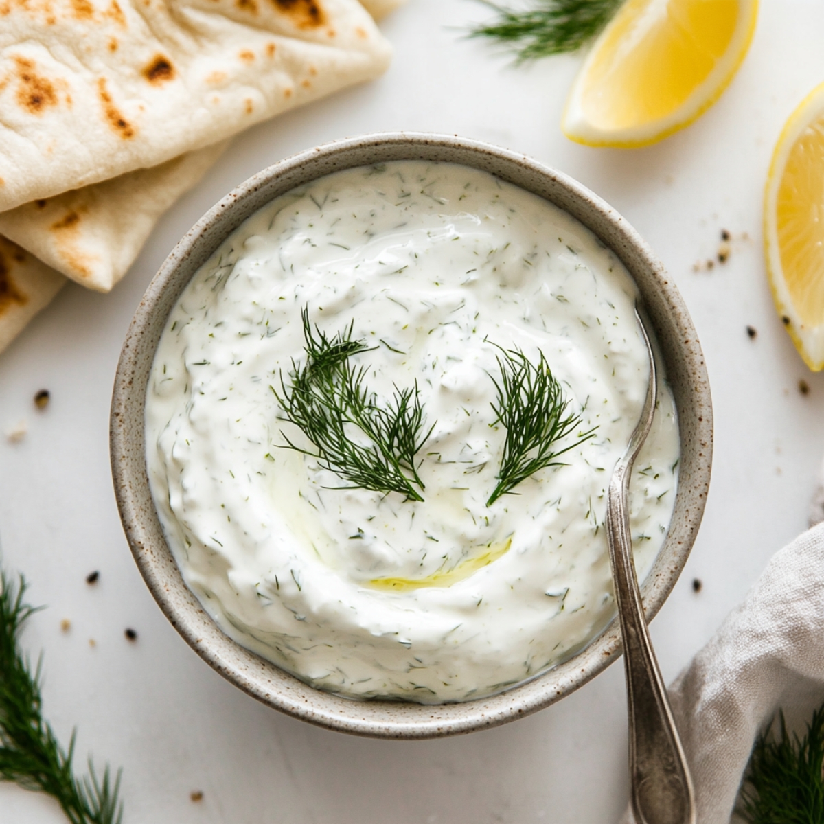 yogurt sauce and pita bread for Sheet Pan Chicken Pitas